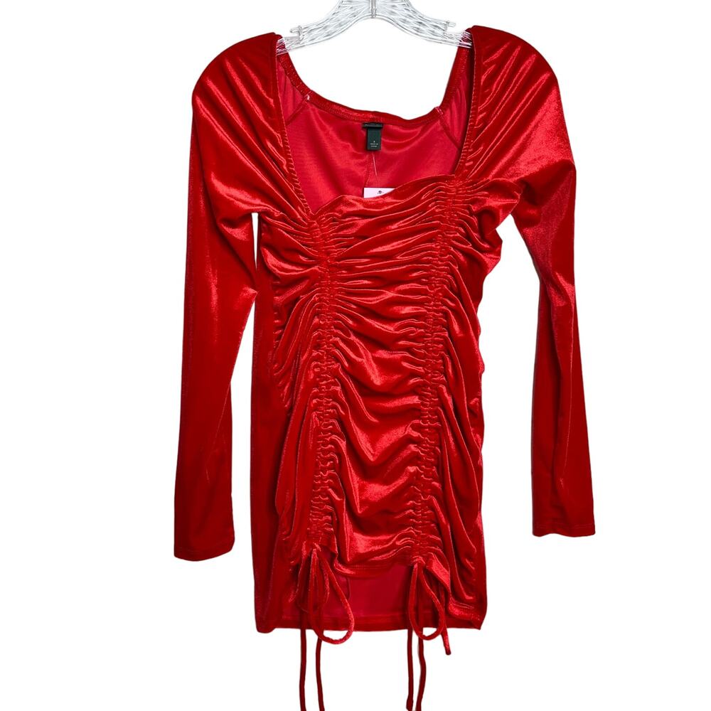 Wild Fable Ruched Long Sleeve Velvet Bodycon Dress Red